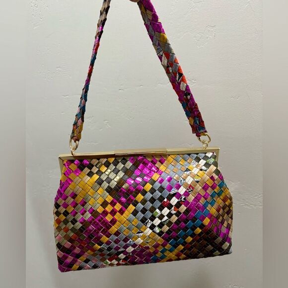 Colorful Woven Leather Handmade Kisslock Metal Frame Handbag, Multi Use Style - Picture 9 of 16